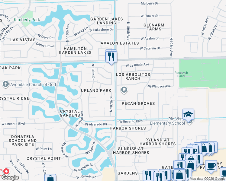 map of restaurants, bars, coffee shops, grocery stores, and more near 2631 North 107th Drive in Avondale