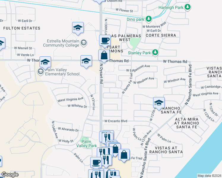 map of restaurants, bars, coffee shops, grocery stores, and more near 12895 West Cambridge Avenue in Avondale