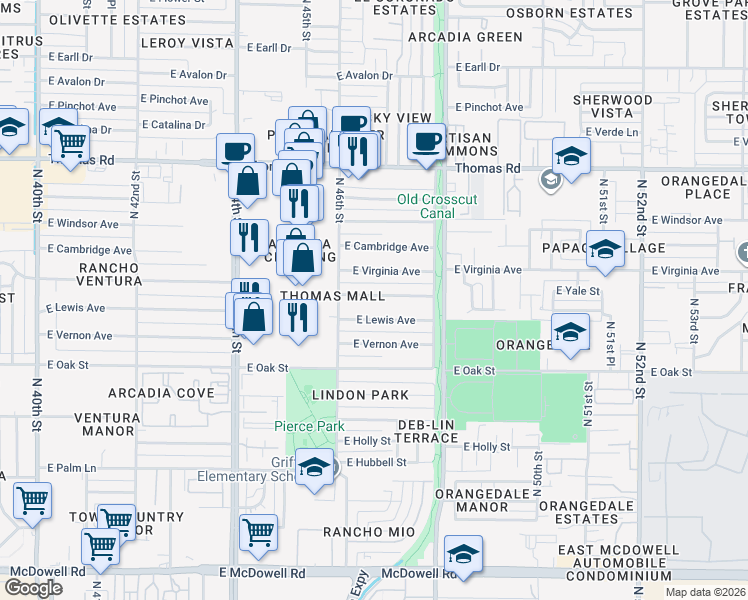 map of restaurants, bars, coffee shops, grocery stores, and more near 4633 East Wilshire Drive in Phoenix
