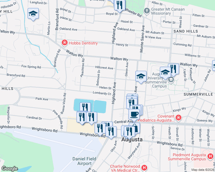 map of restaurants, bars, coffee shops, grocery stores, and more near 2811 Helen Street in Augusta