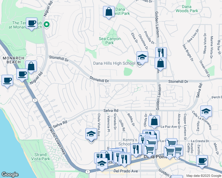map of restaurants, bars, coffee shops, grocery stores, and more near 33586 Circula Corona in Dana Point