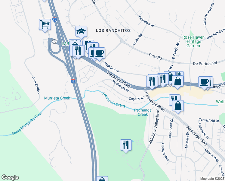 map of restaurants, bars, coffee shops, grocery stores, and more near 30235 Cupeno Lane in Temecula
