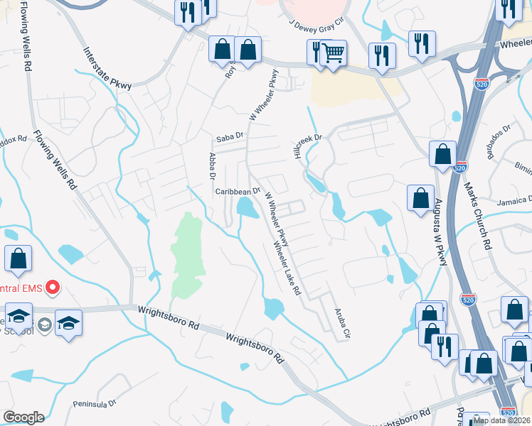 map of restaurants, bars, coffee shops, grocery stores, and more near 5019 Wheeler Lake Road in Augusta