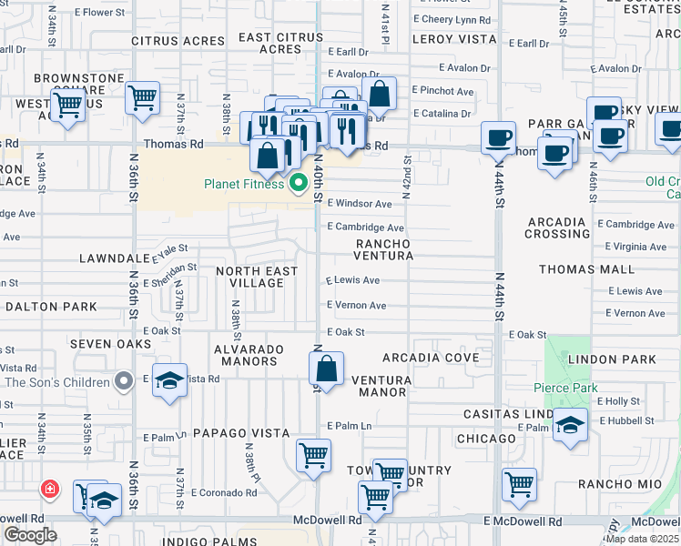 map of restaurants, bars, coffee shops, grocery stores, and more near 4018 East Lewis Avenue in Phoenix