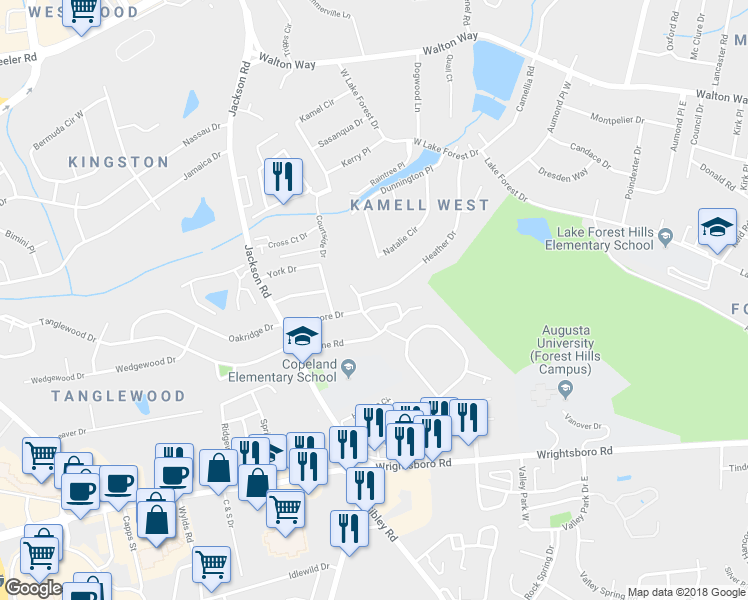map of restaurants, bars, coffee shops, grocery stores, and more near 3448 Heather Drive in Augusta
