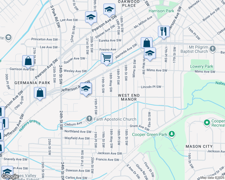 map of restaurants, bars, coffee shops, grocery stores, and more near 1320 18th Place Southwest in Birmingham