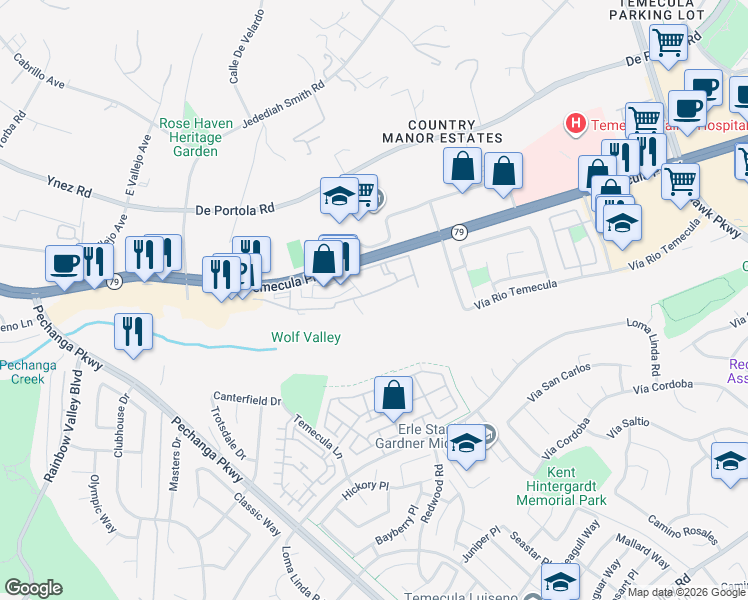 map of restaurants, bars, coffee shops, grocery stores, and more near 31231 Taylor Lane in Temecula