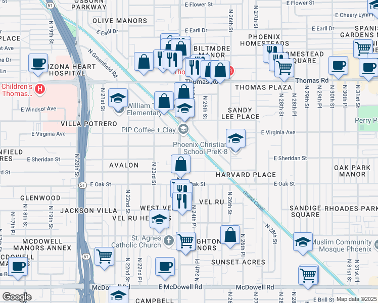 map of restaurants, bars, coffee shops, grocery stores, and more near 2509 North 24th Street in Phoenix