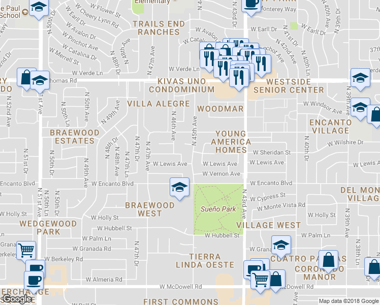 map of restaurants, bars, coffee shops, grocery stores, and more near 2520 North 45th Avenue in Phoenix