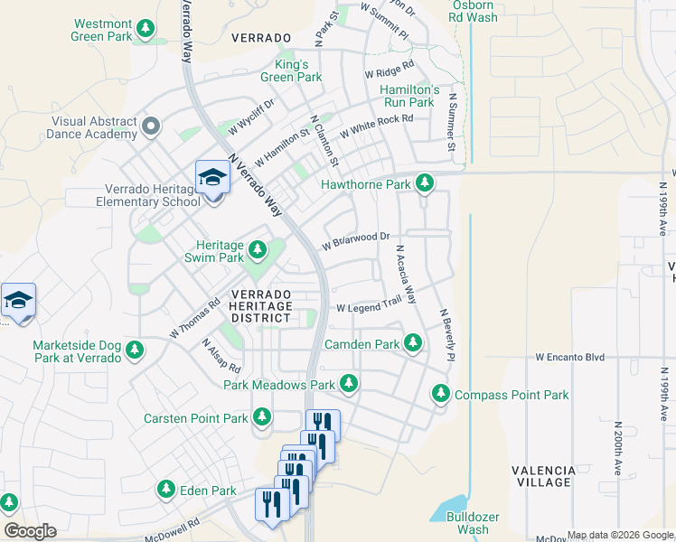 map of restaurants, bars, coffee shops, grocery stores, and more near 20635 West Point Ridge Road in Buckeye