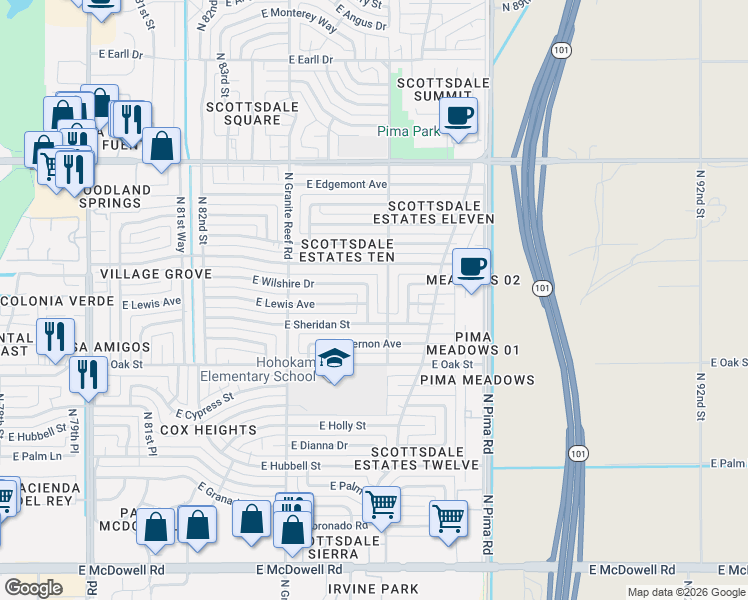map of restaurants, bars, coffee shops, grocery stores, and more near 2506 North 85th Place in Scottsdale