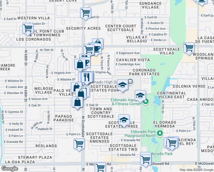 map of restaurants, bars, coffee shops, grocery stores, and more near 7329 East Lewis Avenue in Scottsdale