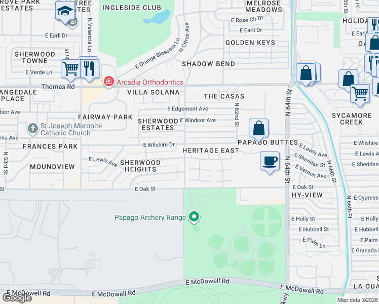 map of restaurants, bars, coffee shops, grocery stores, and more near 5925 East Wilshire Drive in Scottsdale
