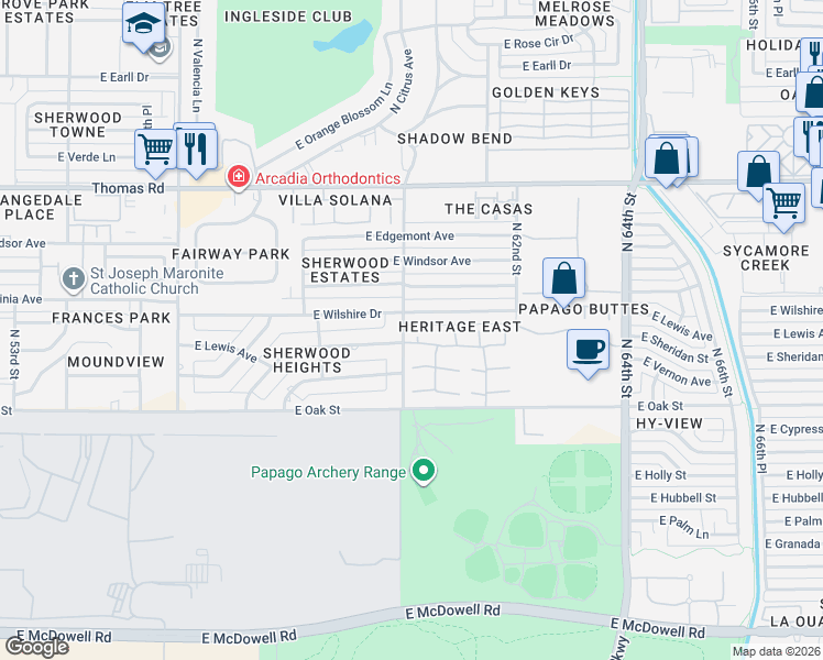 map of restaurants, bars, coffee shops, grocery stores, and more near 5925 East Wilshire Drive in Scottsdale