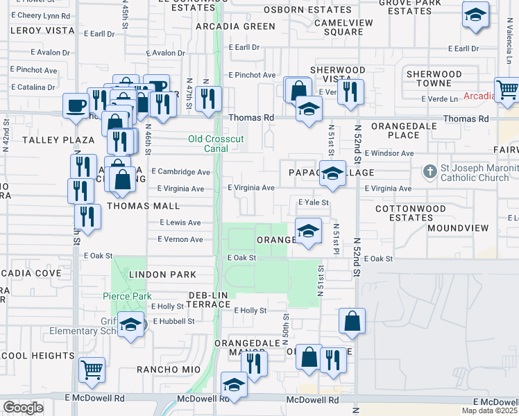 map of restaurants, bars, coffee shops, grocery stores, and more near 2530 North 49th Place in Phoenix