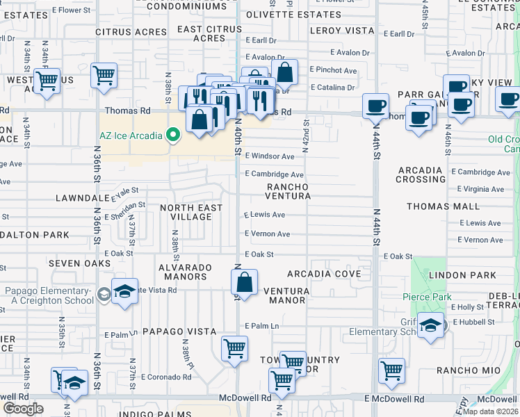 map of restaurants, bars, coffee shops, grocery stores, and more near 4018 East Lewis Avenue in Phoenix