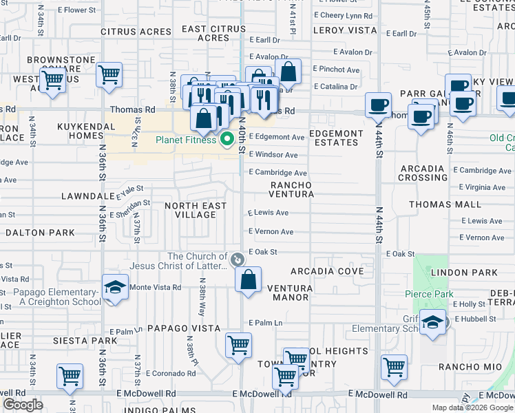 map of restaurants, bars, coffee shops, grocery stores, and more near 4018 East Lewis Avenue in Phoenix