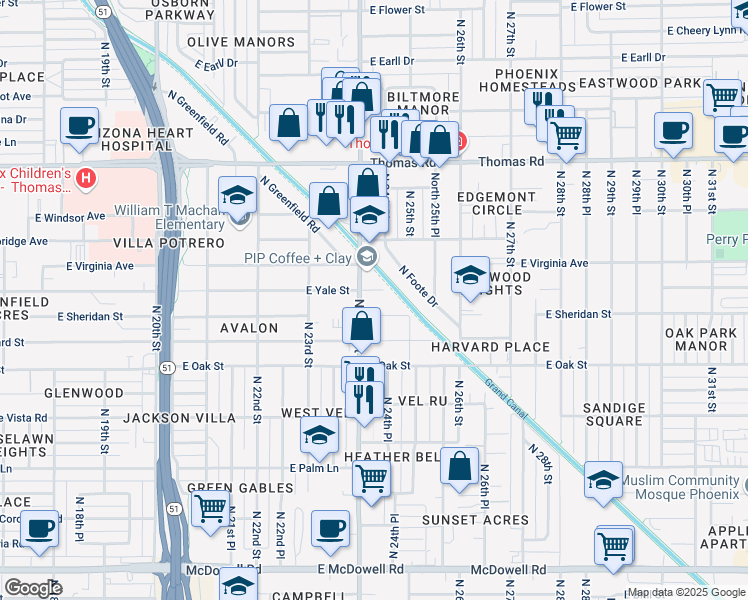 map of restaurants, bars, coffee shops, grocery stores, and more near 2509 North 24th Street in Phoenix