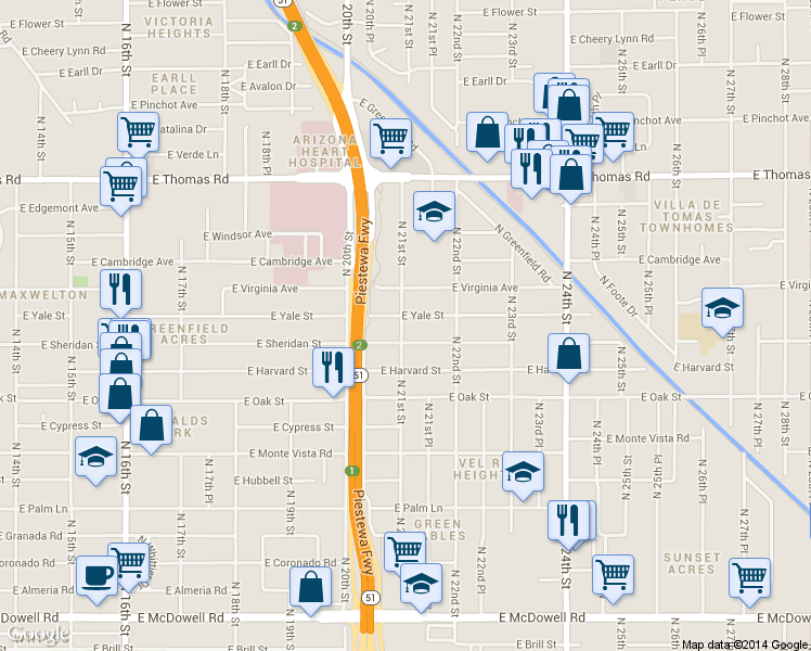 map of restaurants, bars, coffee shops, grocery stores, and more near 2105 East Yale Street in Phoenix