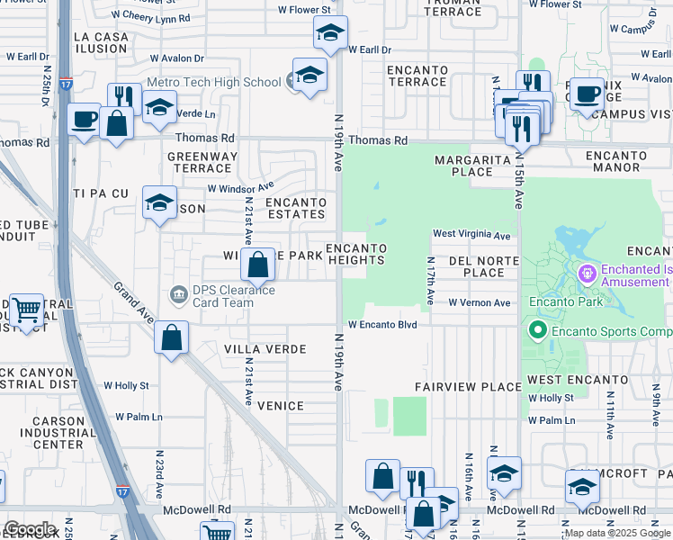 map of restaurants, bars, coffee shops, grocery stores, and more near 1834 West Lewis Avenue in Phoenix