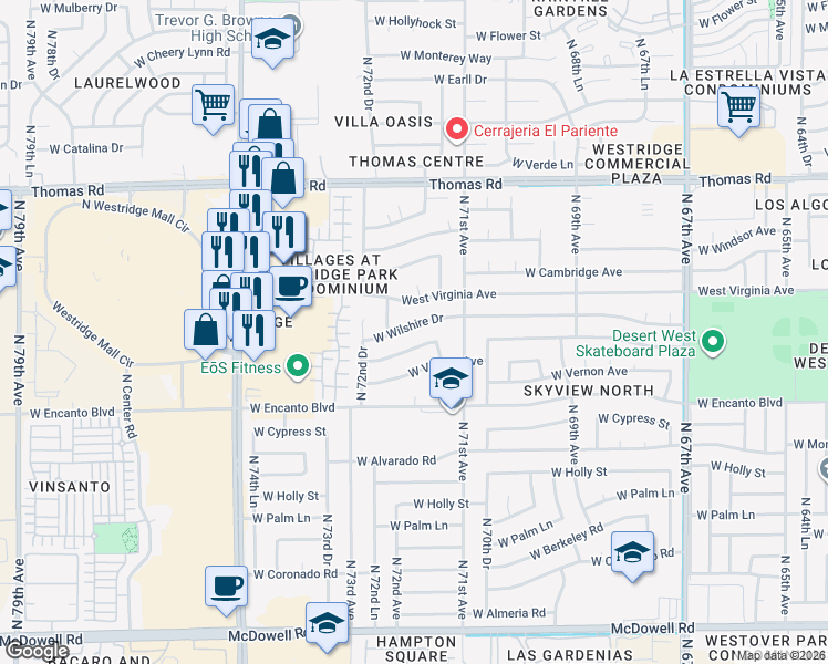 map of restaurants, bars, coffee shops, grocery stores, and more near 7133 West Wilshire Drive in Phoenix