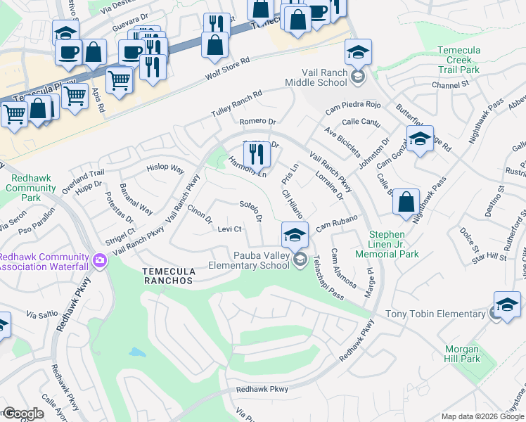 map of restaurants, bars, coffee shops, grocery stores, and more near 33074 Corte Ganso in Temecula