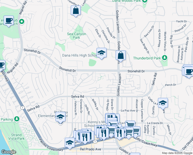 map of restaurants, bars, coffee shops, grocery stores, and more near 24541 Alta Vista Drive in Dana Point