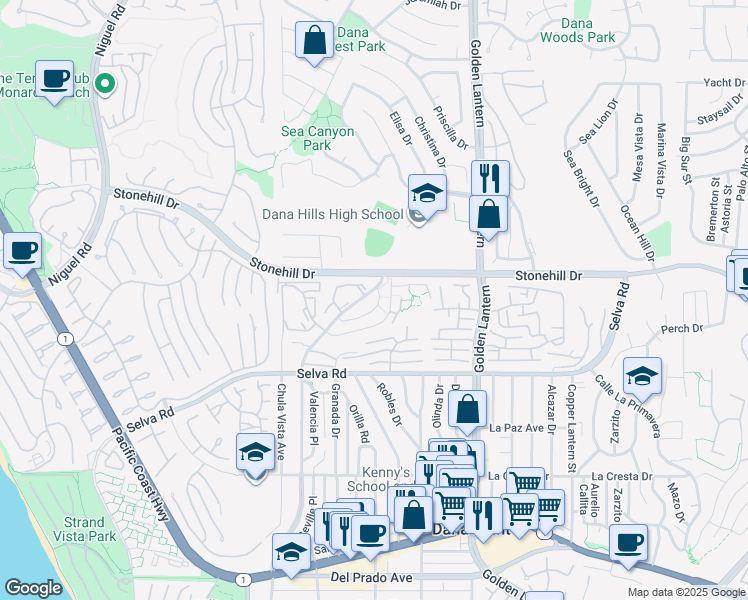 map of restaurants, bars, coffee shops, grocery stores, and more near 24541 Alta Vista Drive in Dana Point