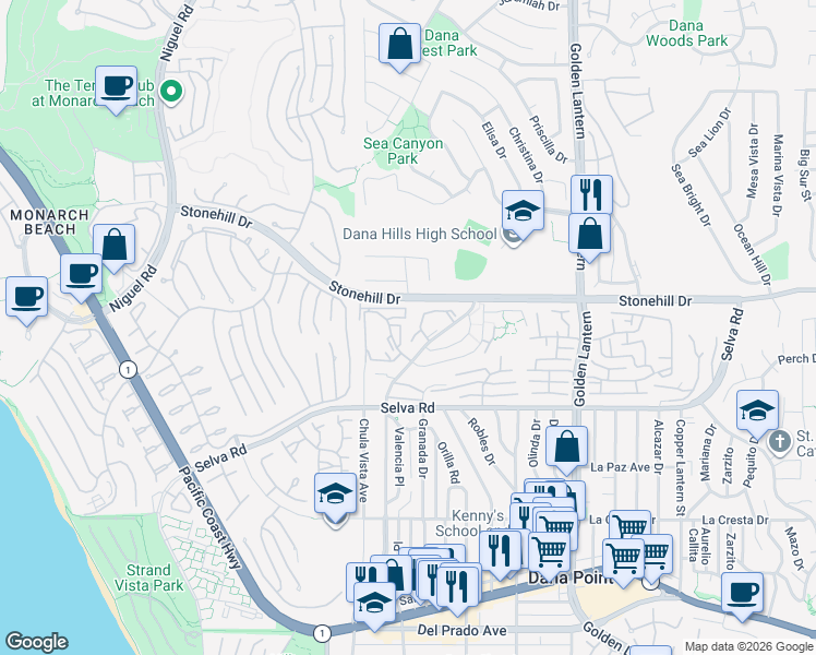 map of restaurants, bars, coffee shops, grocery stores, and more near 24098 Paseo Corona in Dana Point