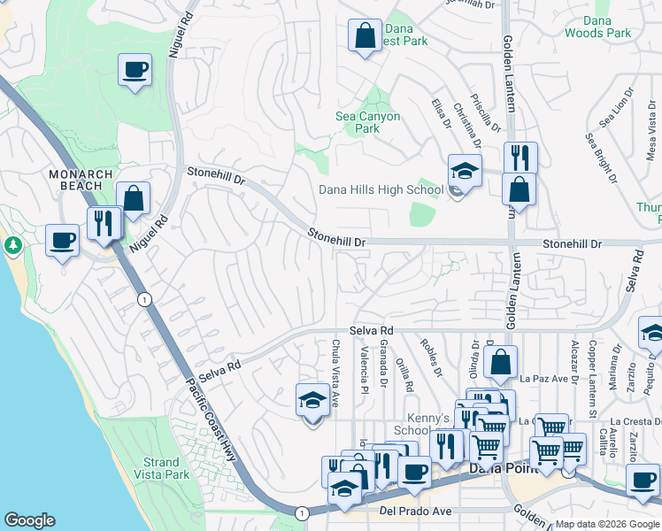 map of restaurants, bars, coffee shops, grocery stores, and more near 33555 Via Corvalian in Dana Point