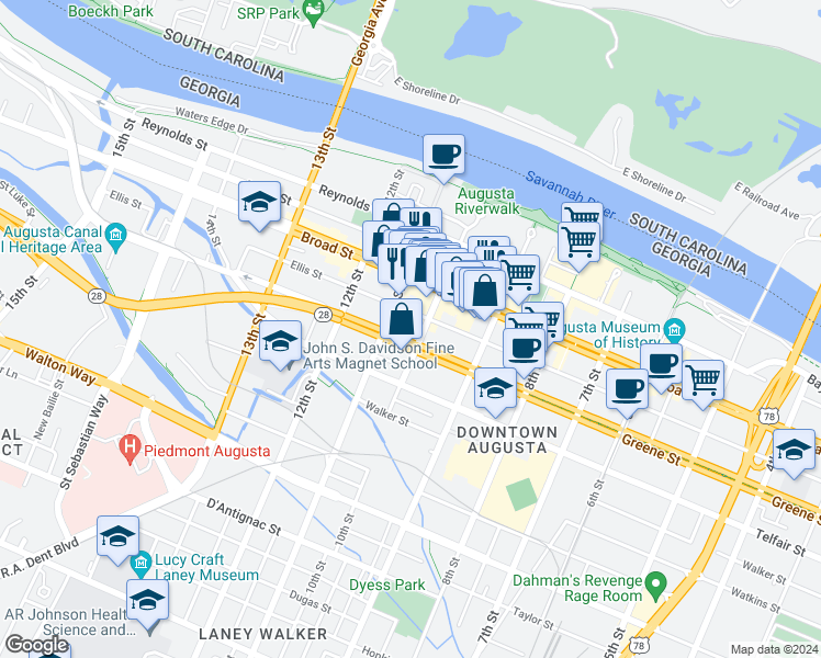 map of restaurants, bars, coffee shops, grocery stores, and more near 303 10th Street in Augusta