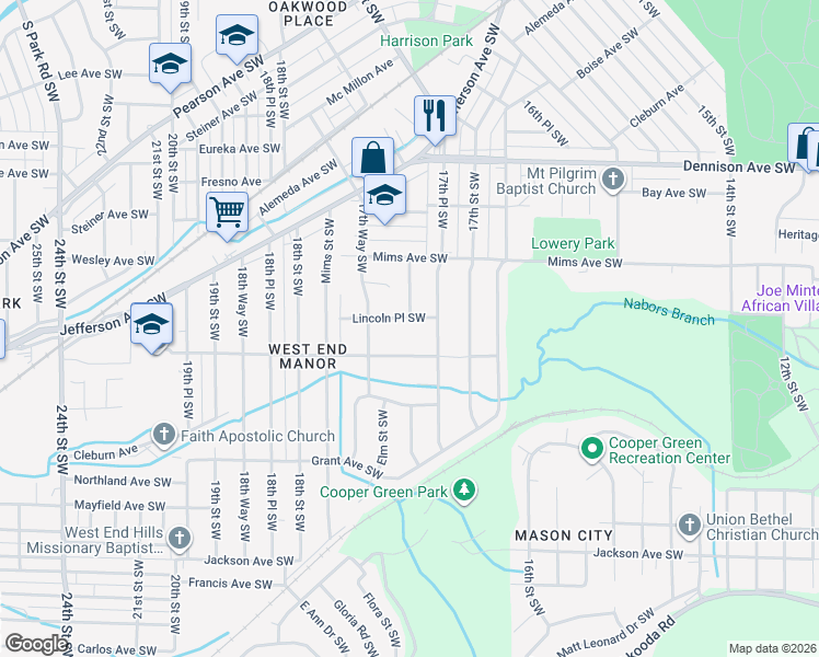 map of restaurants, bars, coffee shops, grocery stores, and more near 1725 Lincoln Place Southwest in Birmingham