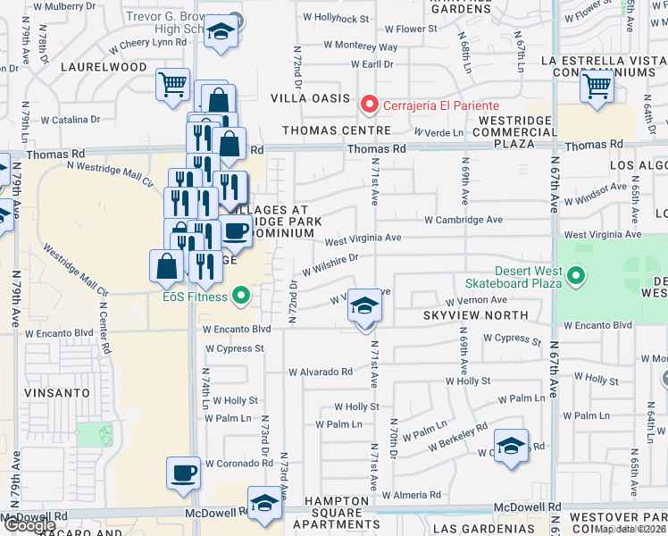 map of restaurants, bars, coffee shops, grocery stores, and more near 7133 West Wilshire Drive in Phoenix