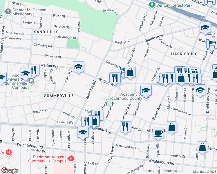 map of restaurants, bars, coffee shops, grocery stores, and more near 2124 Walton Way in Augusta