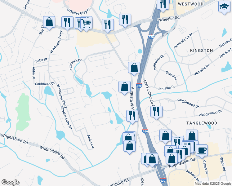map of restaurants, bars, coffee shops, grocery stores, and more near 1249 Augusta W Pkwy in Augusta