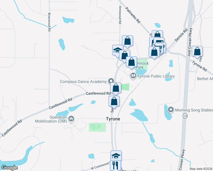 map of restaurants, bars, coffee shops, grocery stores, and more near 876 Senoia Road in Tyrone