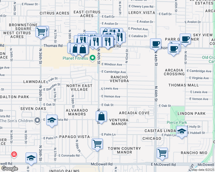 map of restaurants, bars, coffee shops, grocery stores, and more near 4018 East Lewis Avenue in Phoenix