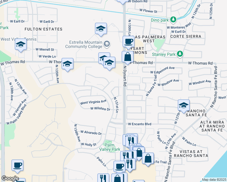 map of restaurants, bars, coffee shops, grocery stores, and more near 13179 West Windsor Avenue in Goodyear