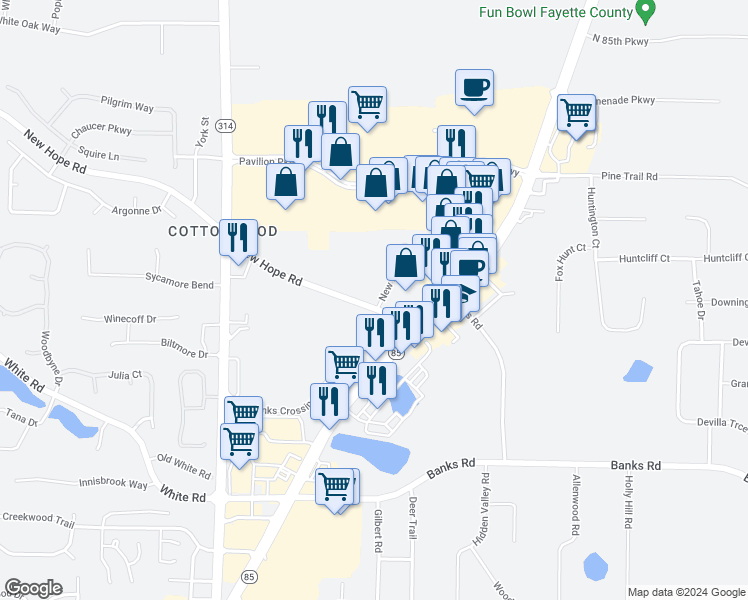 map of restaurants, bars, coffee shops, grocery stores, and more near 123 New Hope Road in Fayetteville