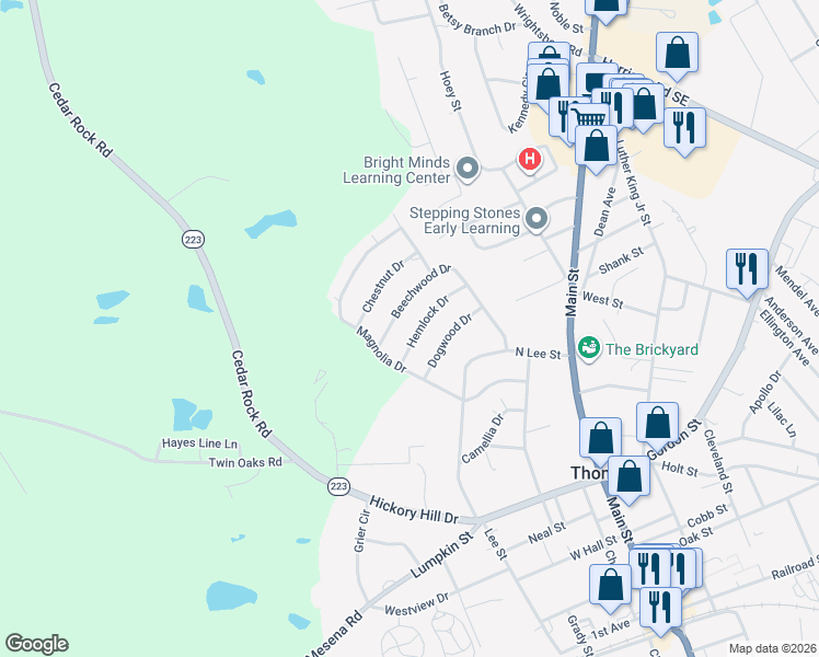 map of restaurants, bars, coffee shops, grocery stores, and more near 615 Hemlock Drive in Thomson