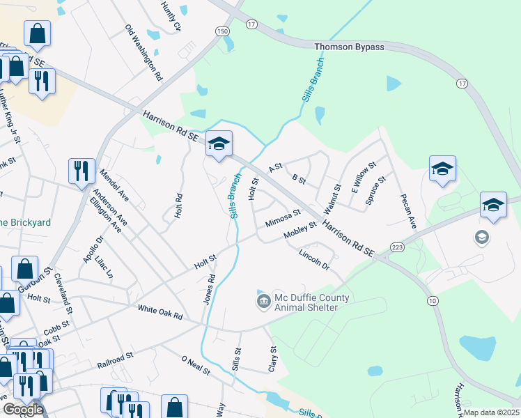 map of restaurants, bars, coffee shops, grocery stores, and more near 75 Poplar Street in Thomson