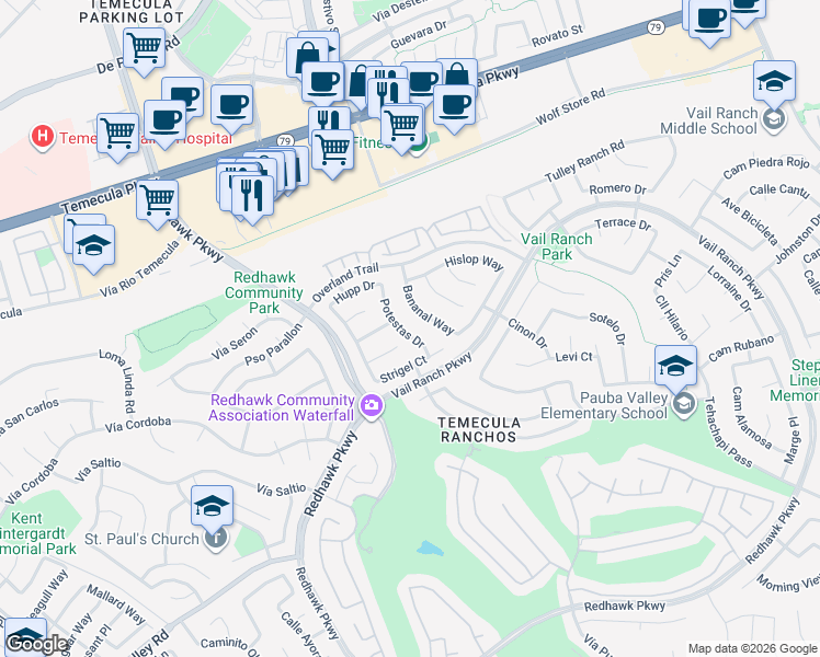 map of restaurants, bars, coffee shops, grocery stores, and more near 44846 Potestas Drive in Temecula