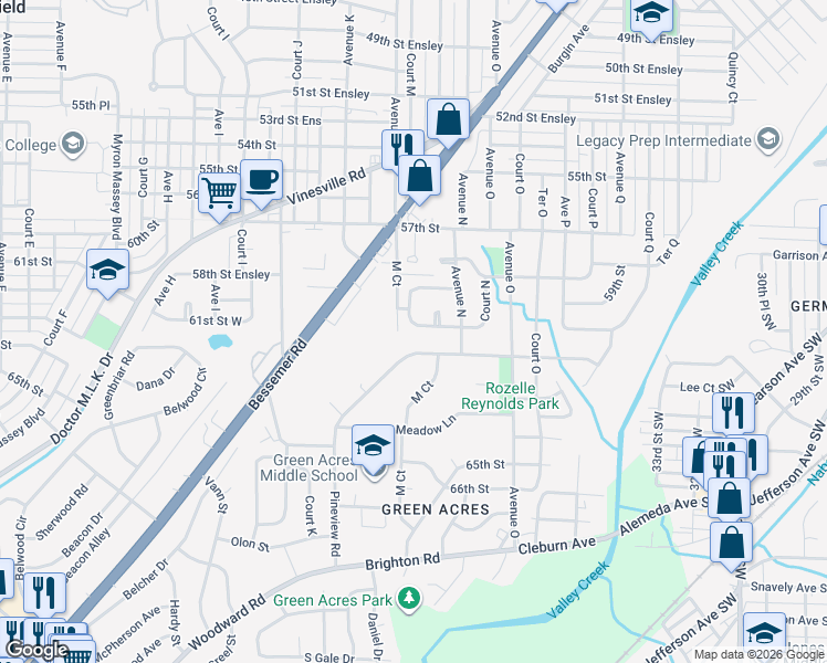 map of restaurants, bars, coffee shops, grocery stores, and more near 1305 60th Street West in Birmingham