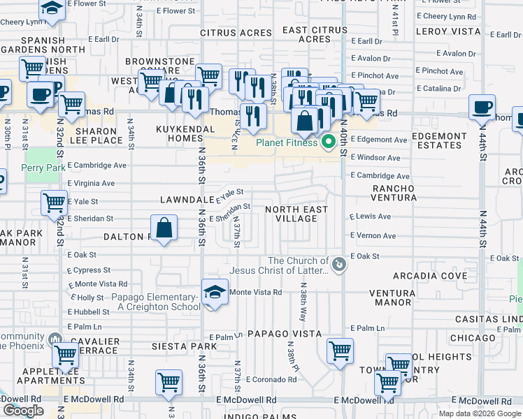 map of restaurants, bars, coffee shops, grocery stores, and more near 3741 East Sheridan Street in Phoenix