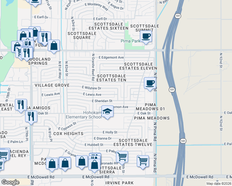 map of restaurants, bars, coffee shops, grocery stores, and more near 2506 North 85th Place in Scottsdale