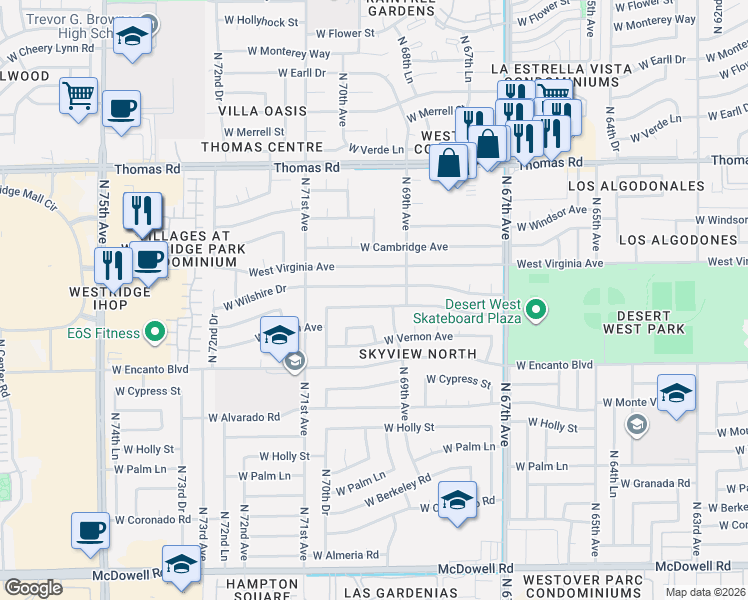 map of restaurants, bars, coffee shops, grocery stores, and more near 6934 West Lewis Avenue in Phoenix