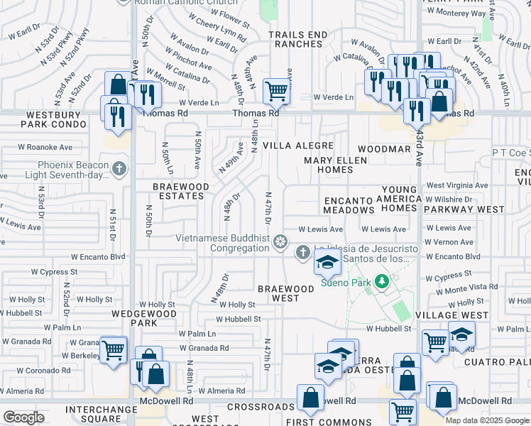 map of restaurants, bars, coffee shops, grocery stores, and more near 2512 North 47th Drive in Phoenix
