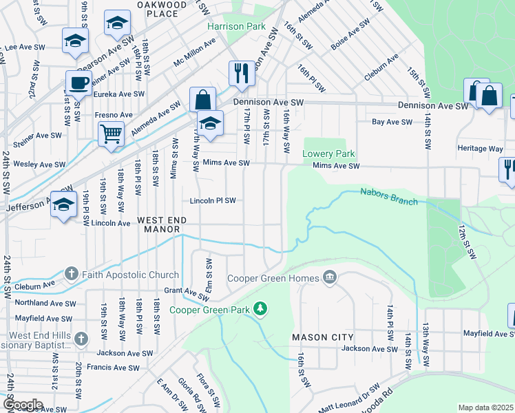 map of restaurants, bars, coffee shops, grocery stores, and more near 1544 17th Street Southwest in Birmingham
