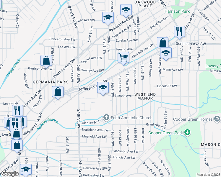 map of restaurants, bars, coffee shops, grocery stores, and more near 1304 19th Place Southwest in Birmingham