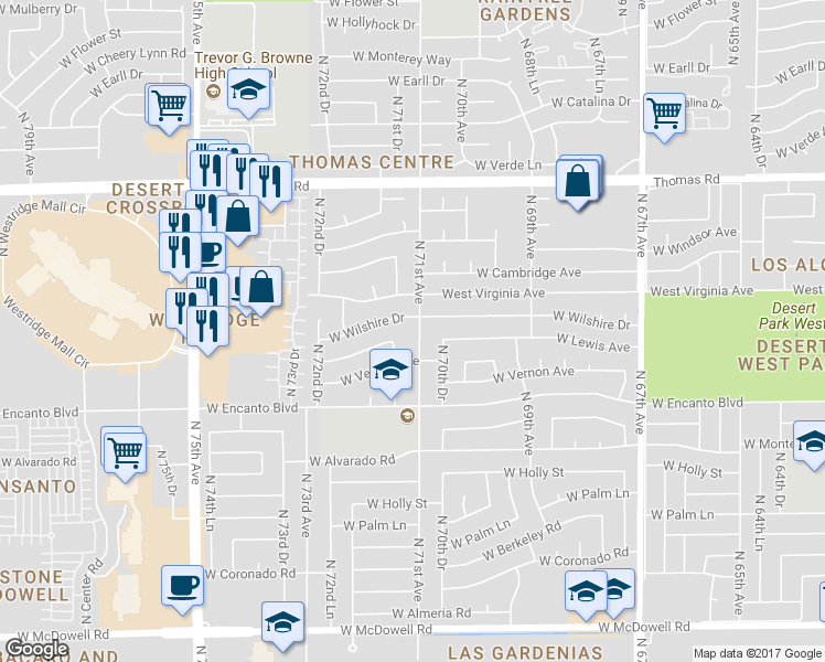map of restaurants, bars, coffee shops, grocery stores, and more near 2526 North 71st Avenue in Phoenix